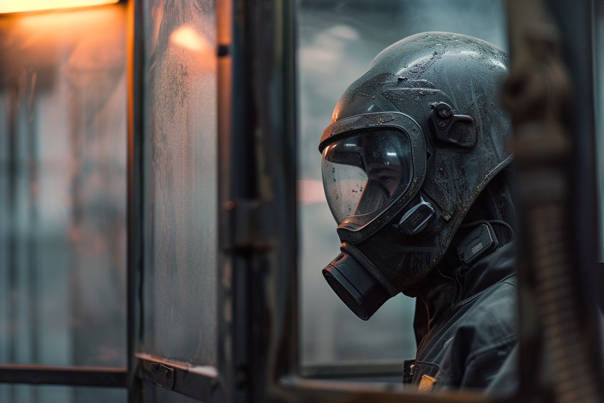 Closeup of a worker wearing protective gear inside a metal blasting booth