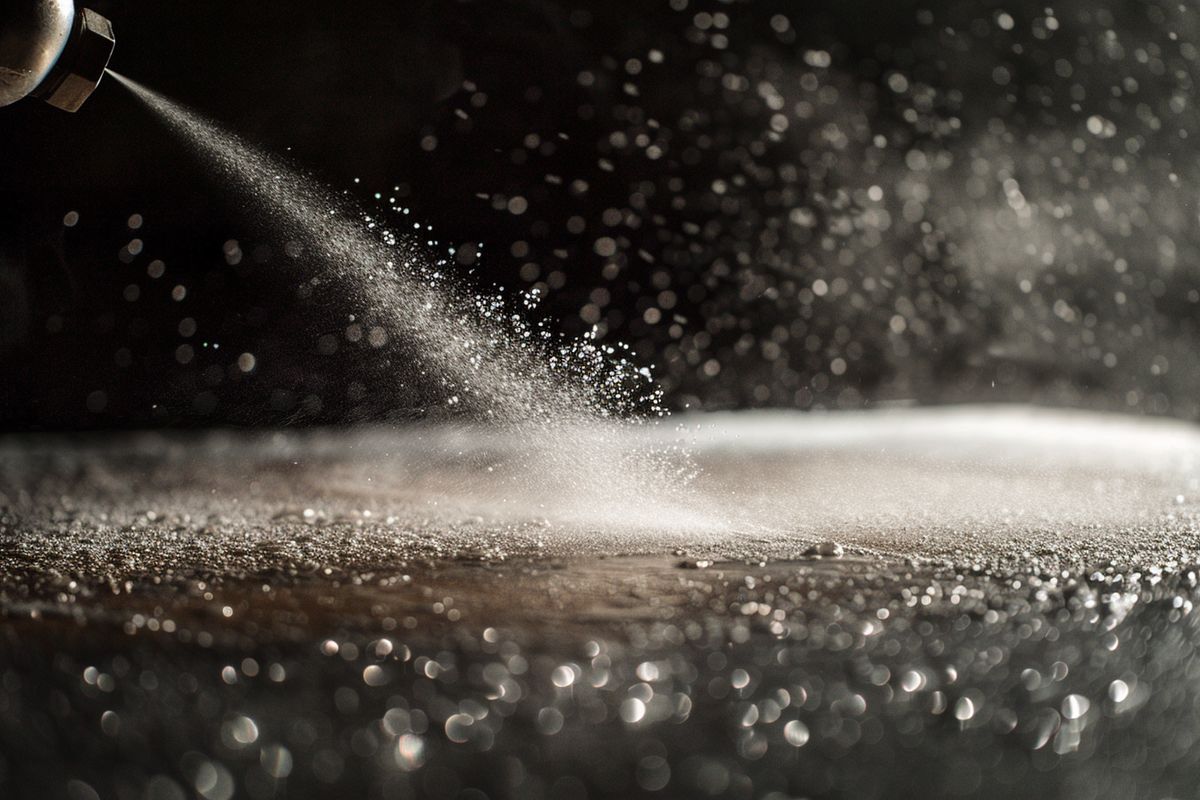 Closeup of a nozzle spraying fine abrasive particles on a surface